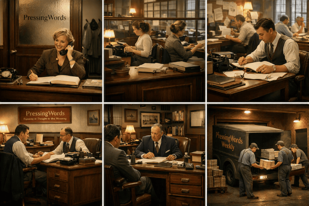 Six-panel composite image of different photos of parts of a periodical office scenes, circa 1949