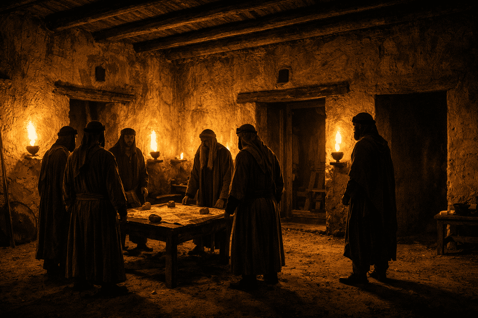 Iron Age Israel gate‑chamber at night, where robed counselors stand around a low table lit by oil lamps. A campaign map weighted by stones lies at the center, and one advisor stands apart near a dark doorway. Warm ochre and umber tones with deep shadows evoke a solemn biblical war council.