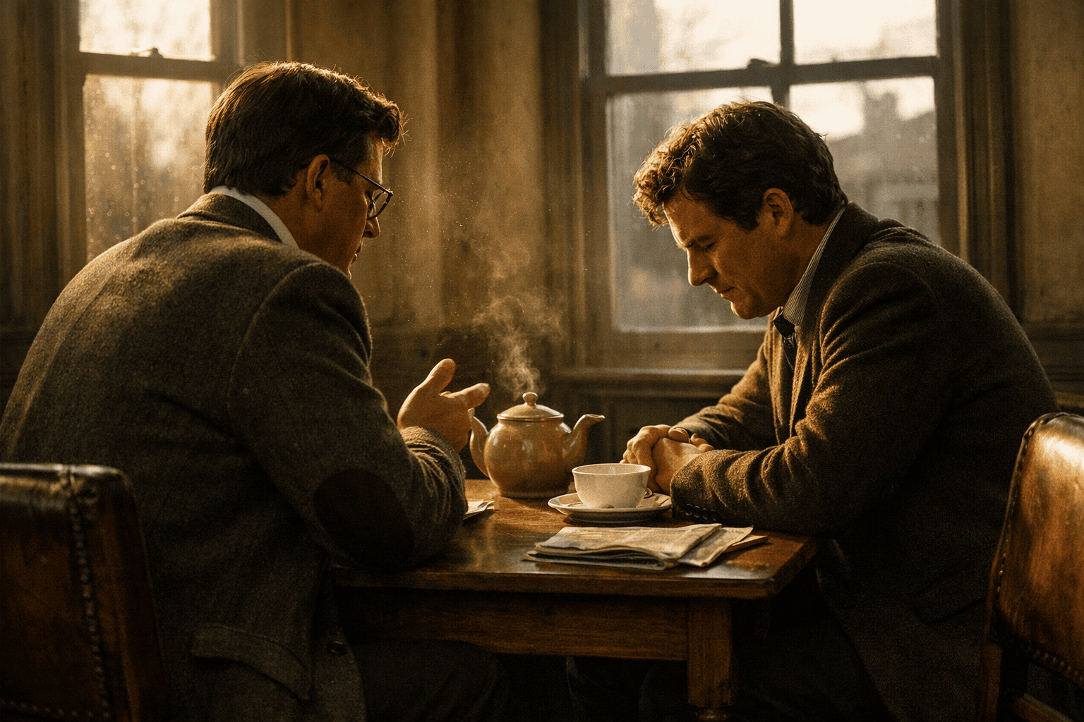 Two men seated across a small wooden table in a 1949 English tea house, mid‑conversation in warm afternoon light, one an Oxford professor seen from behind, the other listening intently beside a steaming teapot.