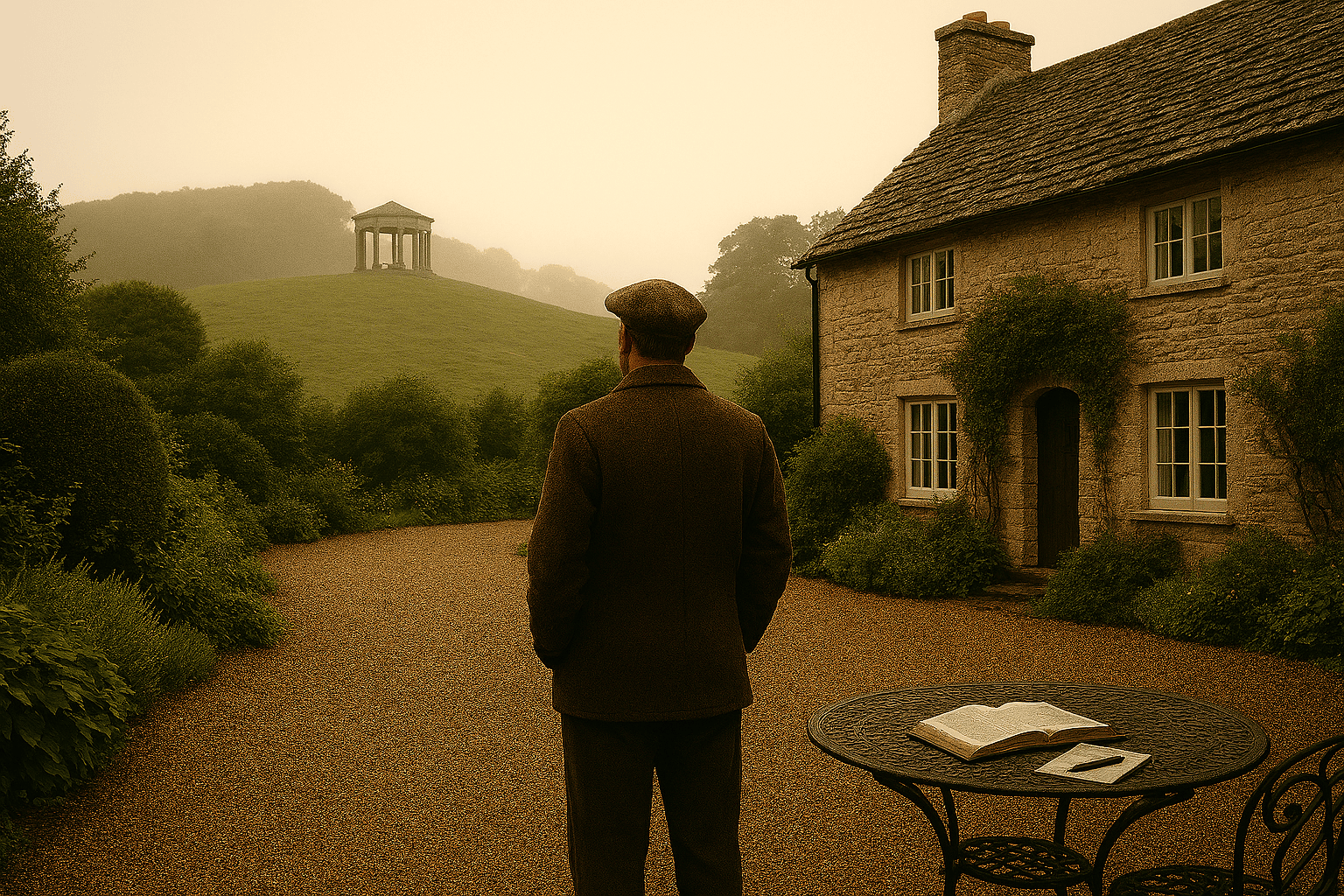 A man in 1940s woolen attire and a tweed flat cap stands quietly in the gravel courtyard of a white-stone English cottage, gazing toward a mist-shrouded hill with a distant classical pavilion. The cottage has a steep roof, climbing greenery, and multi-pane windows. A wrought iron garden table nearby holds an open Bible and journal. The scene is framed by lush shrubs and soft golden light, evoking solitude, reflection, and quiet longing.