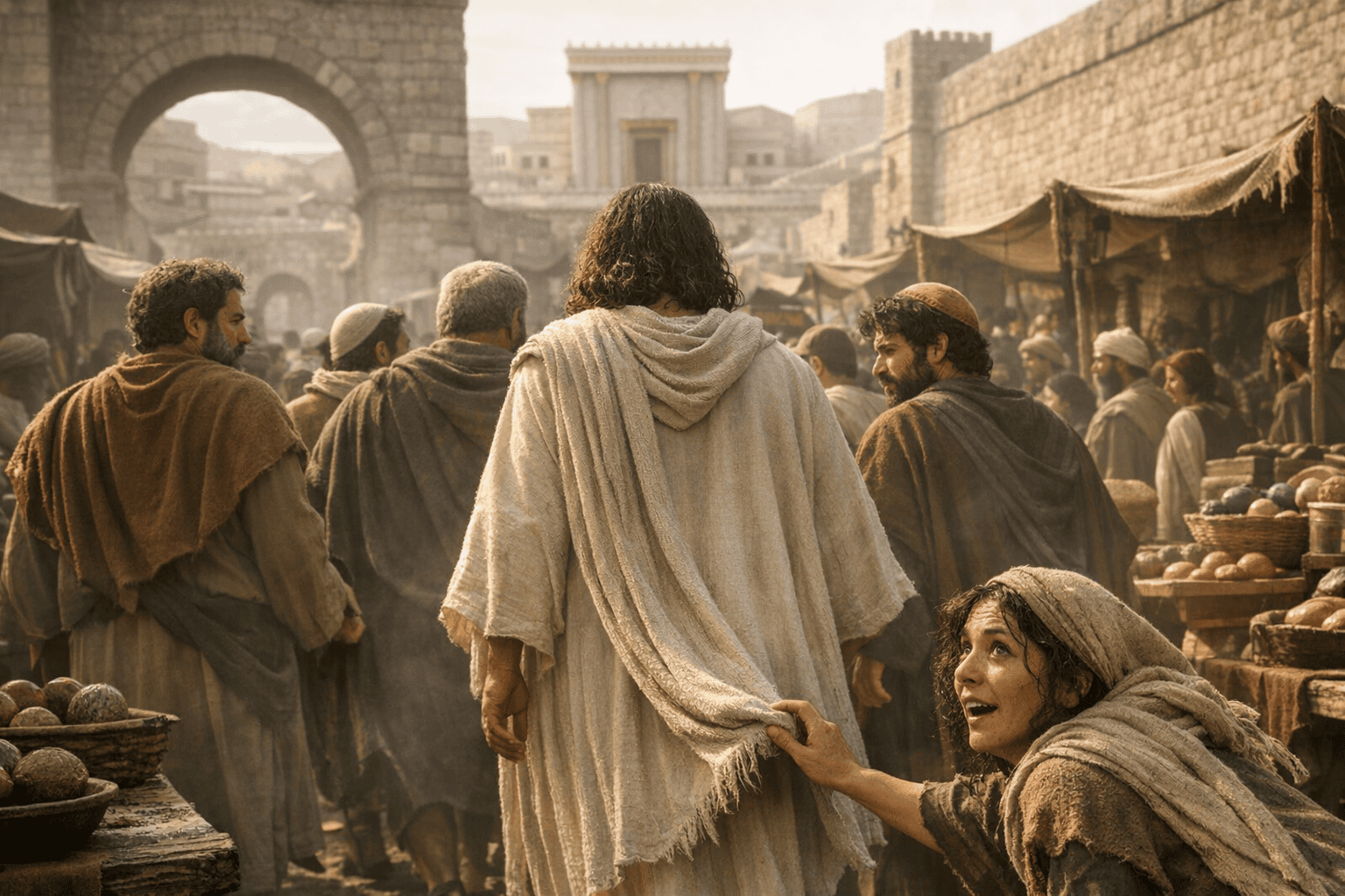 A photorealistic scene of 1st-century Jerusalem shows Jesus walking through a crowded marketplace, viewed from behind, surrounded by His twelve apostles. The marketplace is filled with vendors, pottery, and produce. A woman kneels in the lower right corner, reaching out to touch the hem of Jesus’ robe. Her face shows surprise and awe. Ancient stone buildings and the golden facade of the Temple rise in the background under warm sunlight.
