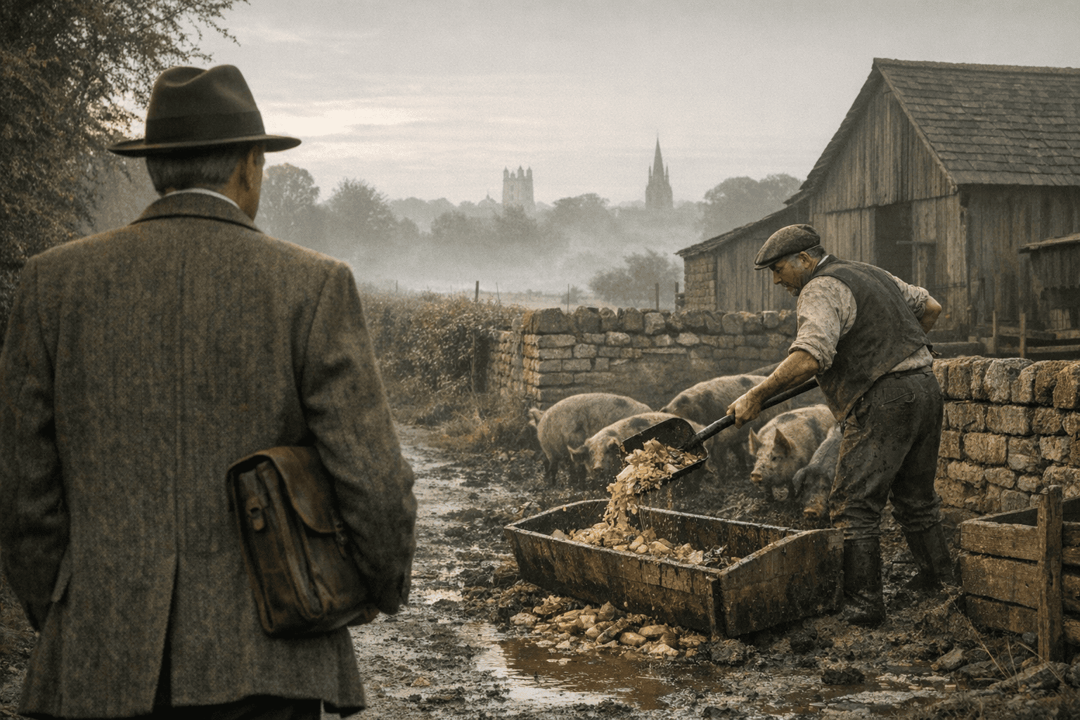 Oxford scholar walking along a muddy lane past a farmer cleaning out a pig trough in postwar England.”