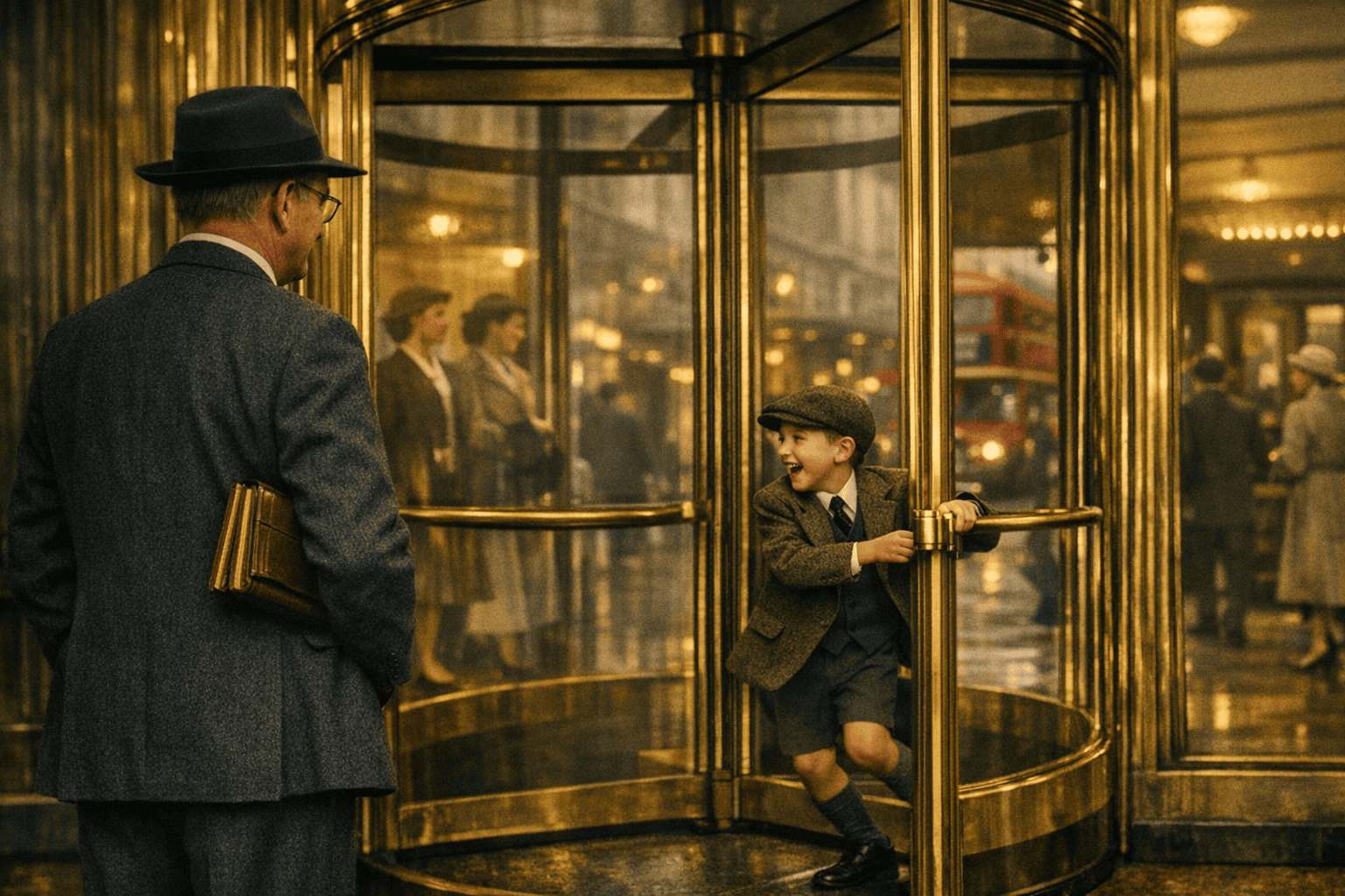 Oxford scholar seen from behind watching a laughing boy spin through a brass revolving door at a 1940s London department store.