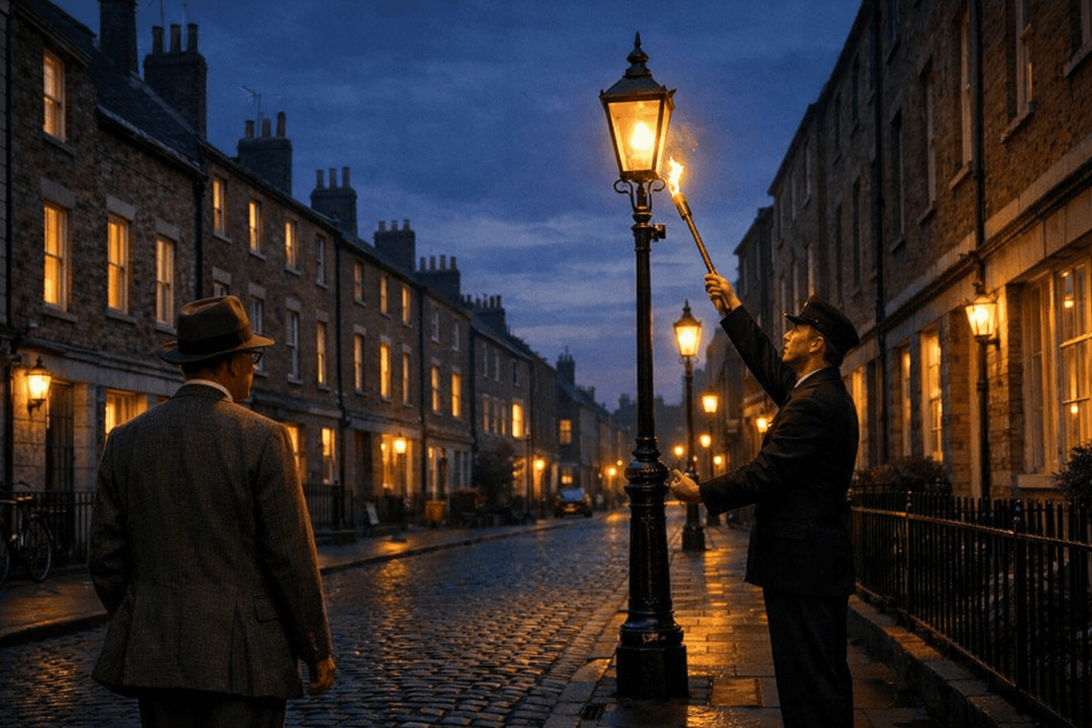 A 1946 Oxford street at dusk with warm gas lamps glowing along a cobblestone lane, a lamplighter raising his flame to ignite a lamp, and a scholarly figure walking away in the fading light.