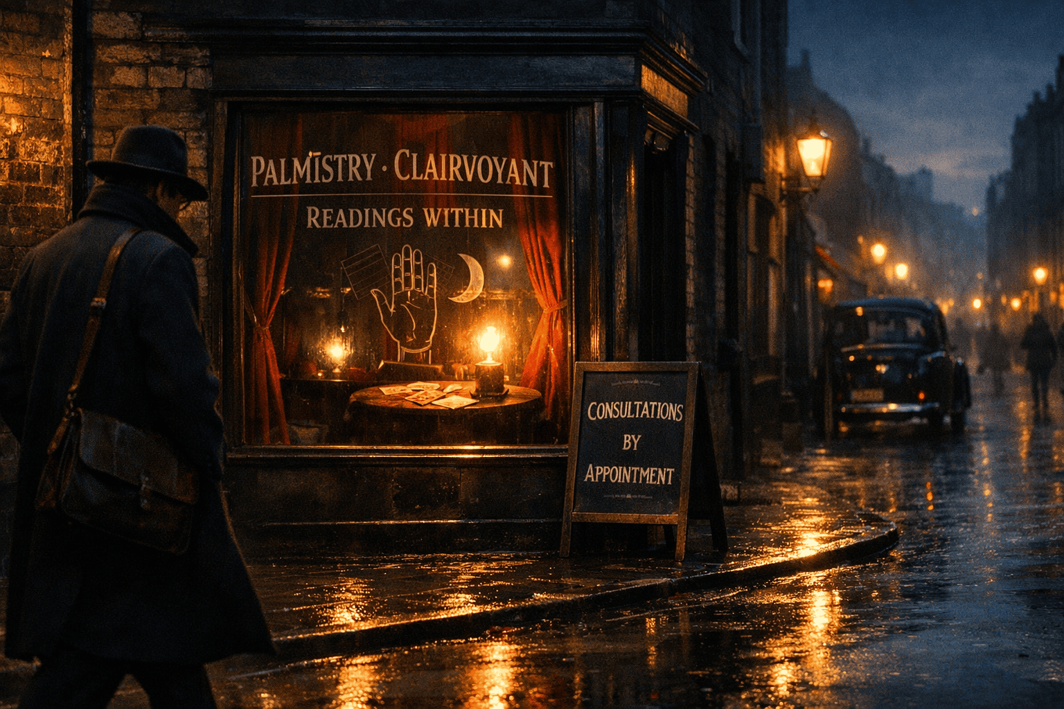 A man in an overcoat walks past a 1940s London palmistry shop on a wet evening street.