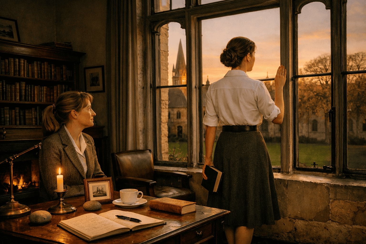Two female Oxford professors in 1949 at dawn — one stands at a leaded window holding a Bible, the other sits nearby in a tweed suit, their study lit by candlelight and the first gold of morning