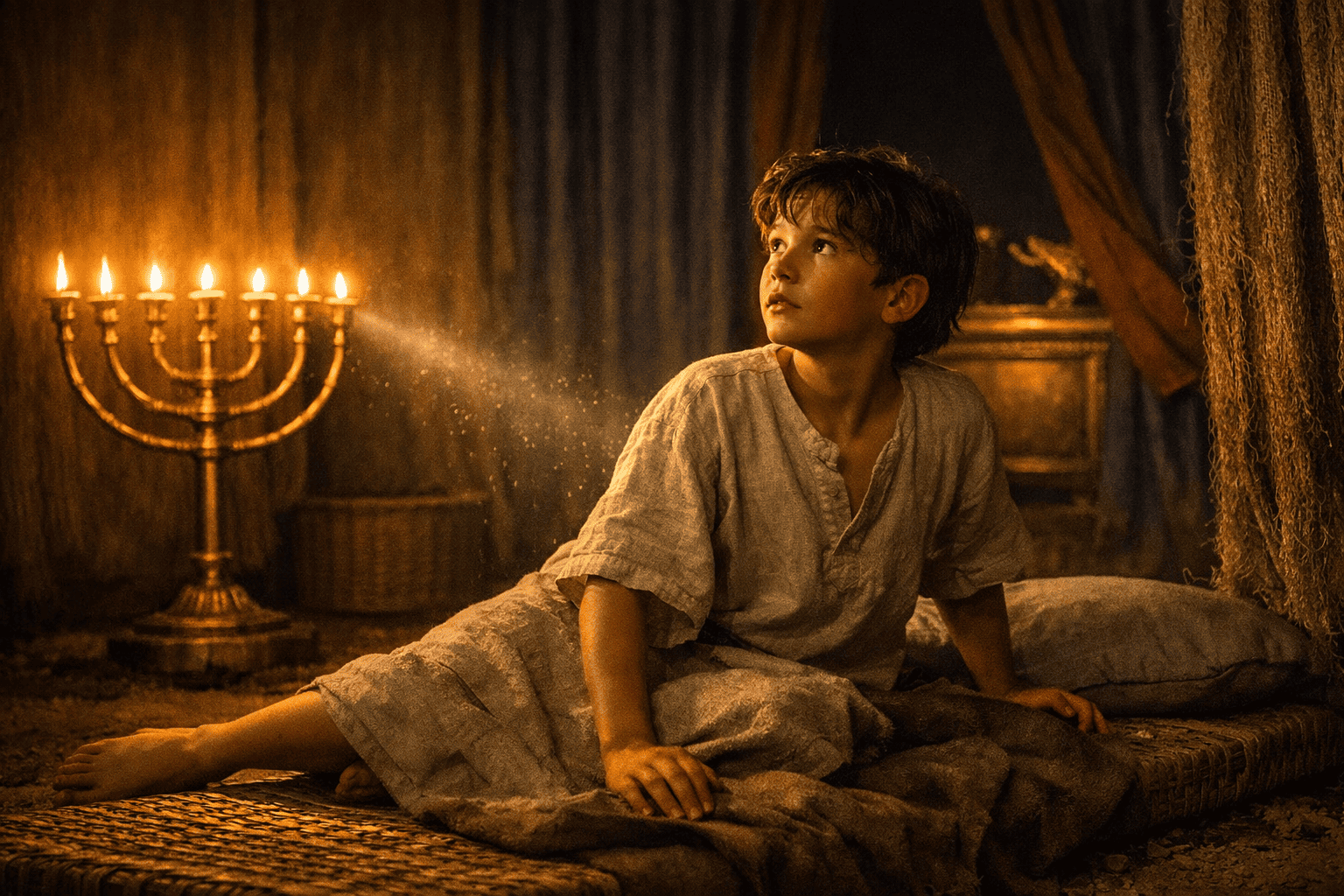 A young boy sits upright on a woven reed mat inside a circa 11th‑century BC Israelite tabernacle, lit only by the low, warm glow of the golden lampstand as he listens toward an unseen voice in the shadows.