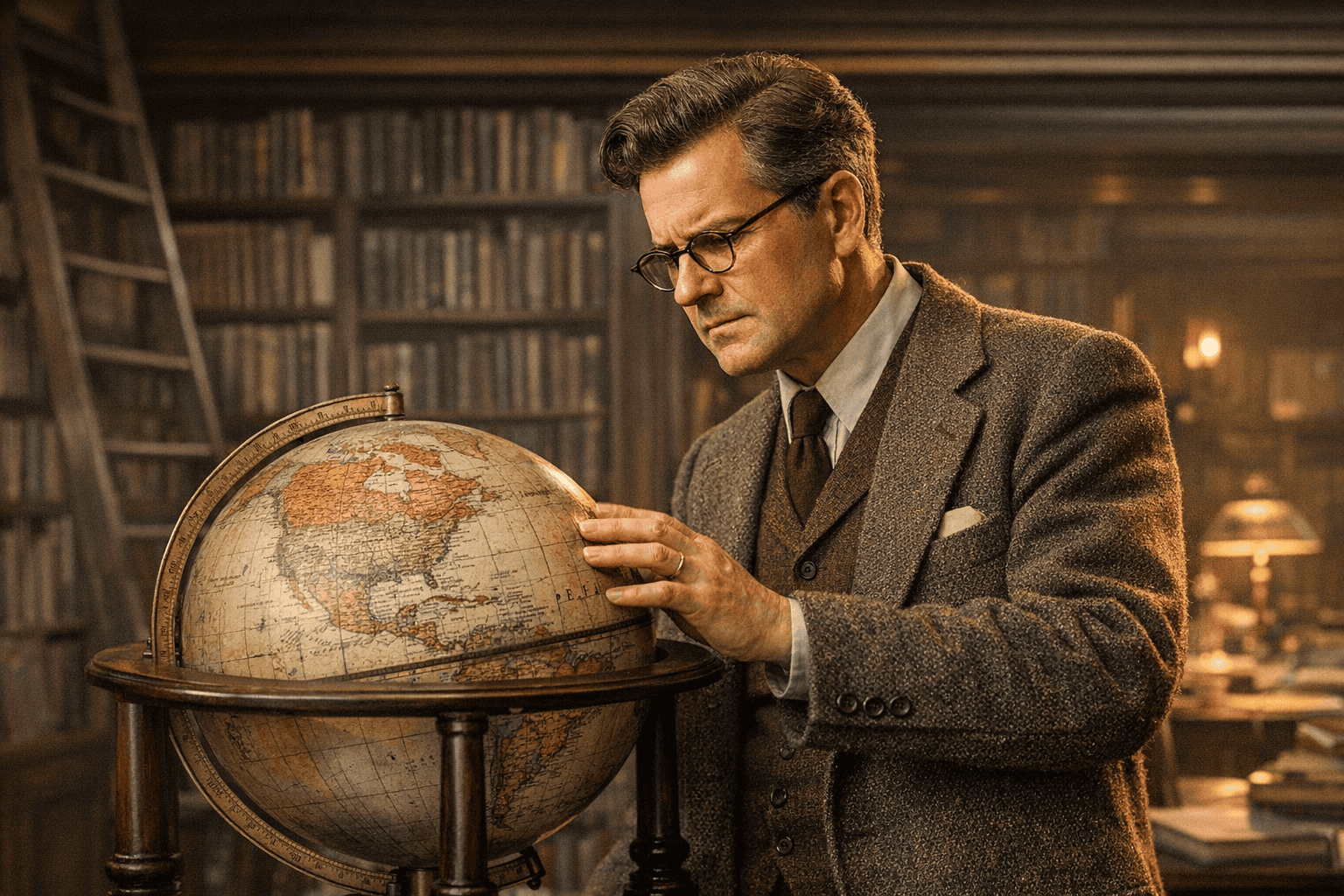 Mid‑forties Oxford professor in a 1940s library turning a vintage globe on a wooden stand, studying it with a curious expression. Warm lamplight falls across shelves of leather‑bound books and a brass desk lamp in the background