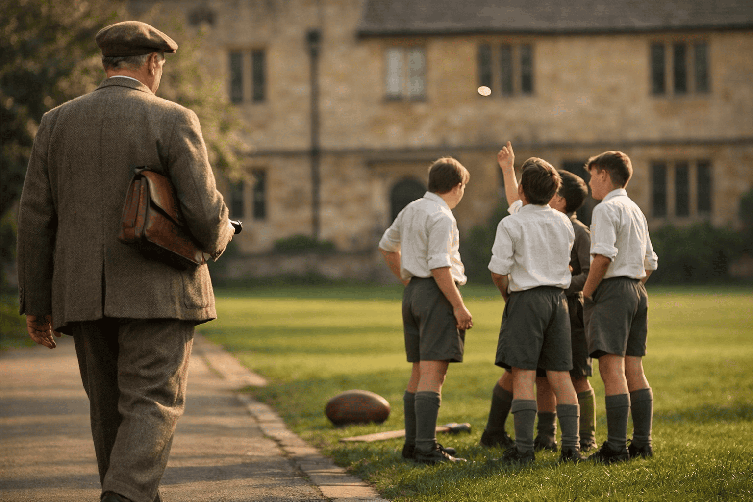 Oxford professor in a 1949 tweed suit walks along a paved path beside a green as schoolboys flip a coin in the afternoon light, with honey‑stone college buildings in the background.