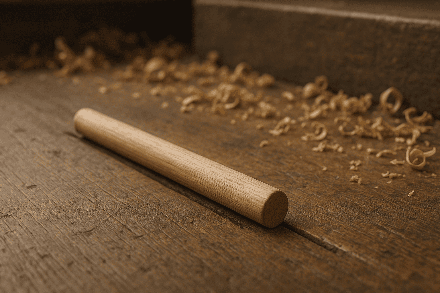 Picture depicting a wooden rod on a workshop floor.