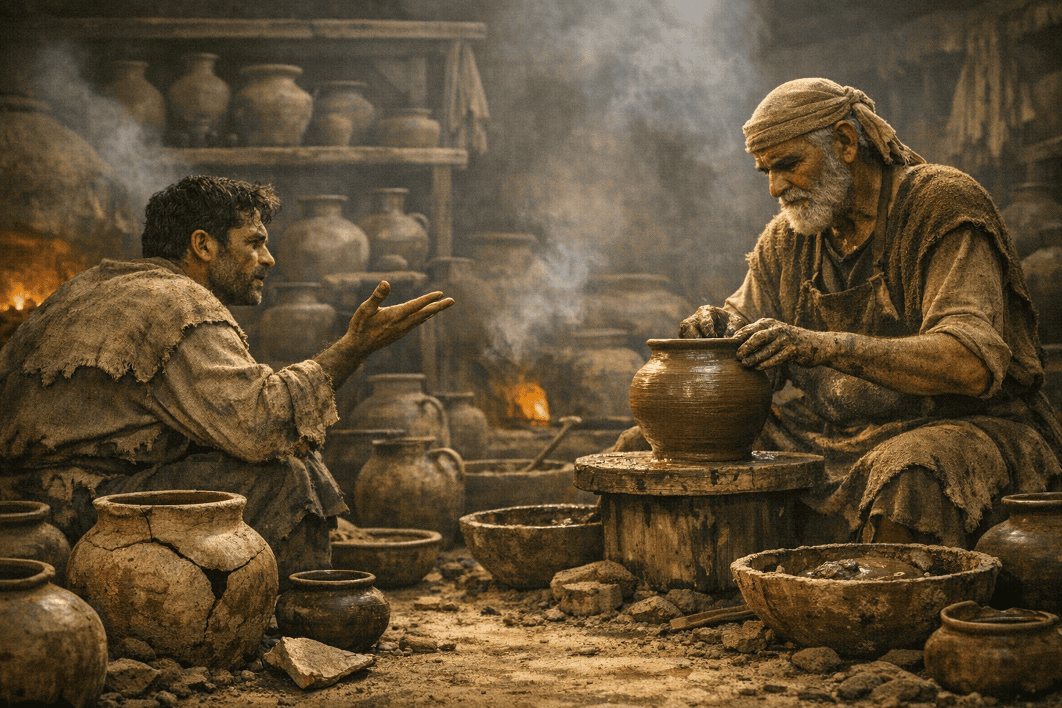 An ancient Near Eastern potter works a vessel on a spinning wheel inside a smoke-filled workshop, surrounded by clay pots in various stages of forming — some finished, one cracked and broken in the foreground. A figure in rough-woven garments leans toward the potter with an outstretched hand, as if pressing a question the potter has not yet answered. Kiln fire glows in the background. The atmosphere is one of confrontation held within the gravity of the craftsman's unhurried work.