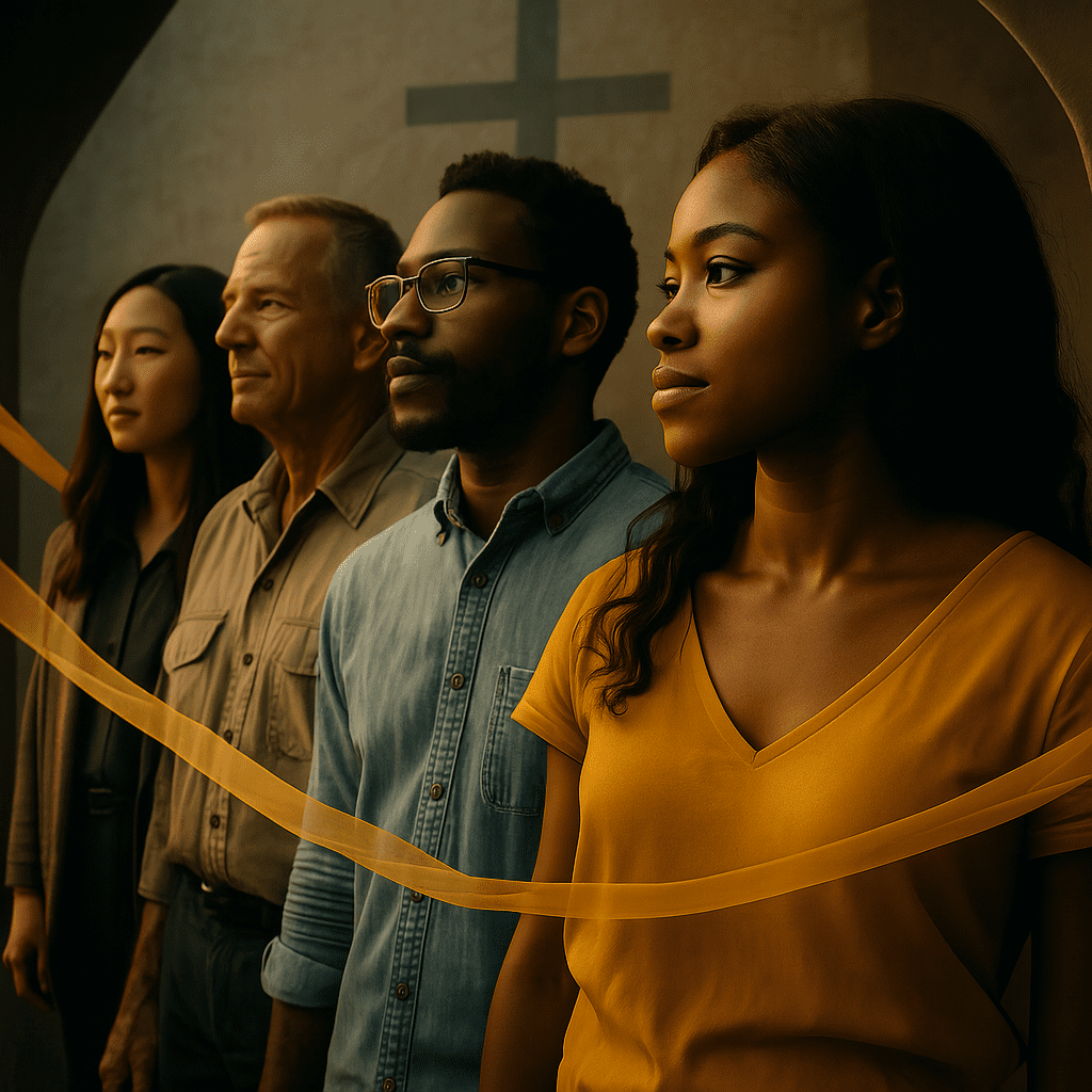 people in a row, in front of cross, with a silk ribbon running in front of them all together.