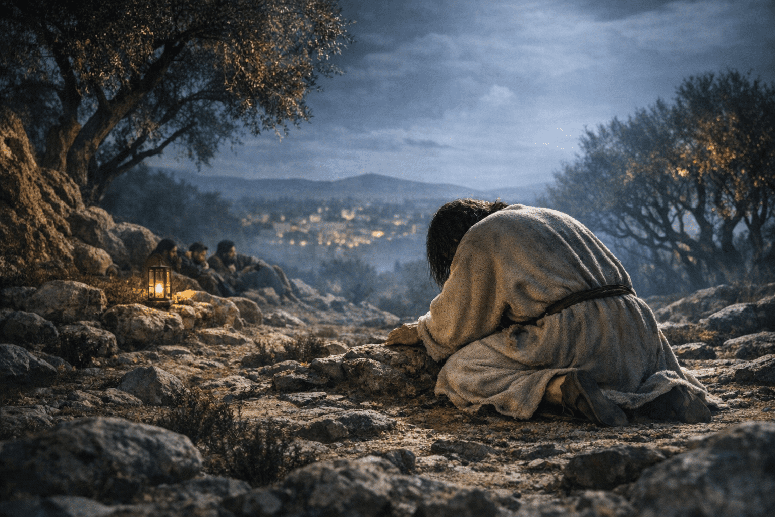 1st century person praying on a ground strewn with rocks, overlooking a city.
