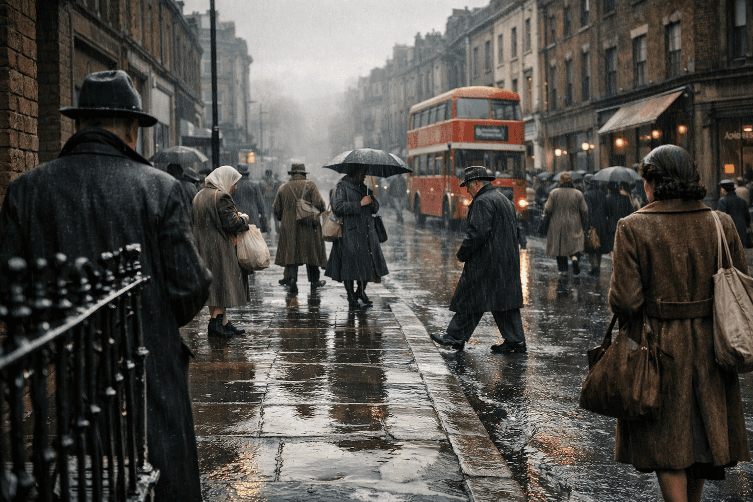 Rainy London street, 1949 — pedestrians in coats and umbrellas walk past wet brick terraces and a red double‑decker bus reflected on the glistening pavement.