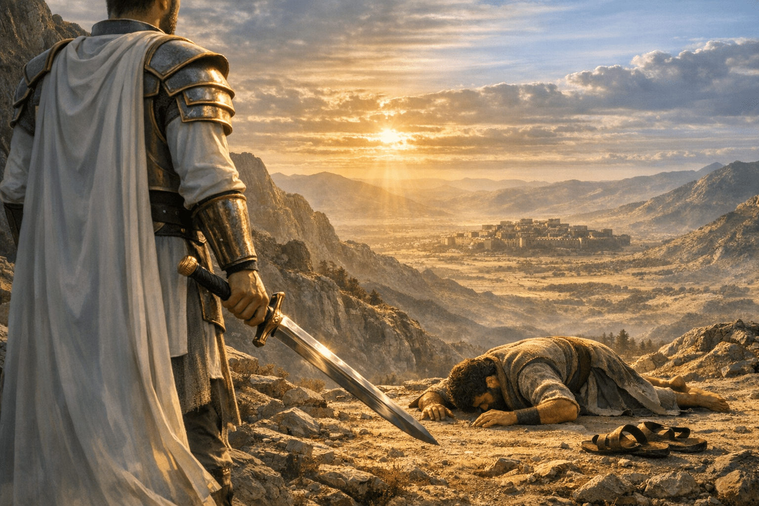 Cinematic, photorealistic mountain scene showing Joshua prostrate on rocky ground before the Commander of the LORD’s army. The divine warrior stands in the foreground, back to viewer, wearing gleaming armor and a white cloak, holding a sword pointed downward. Joshua lies face‑down with sandals removed beside him. Below the mountain ridge, the distant walled city of Jericho glows in golden sunset light amid hazy valleys and layered hills.