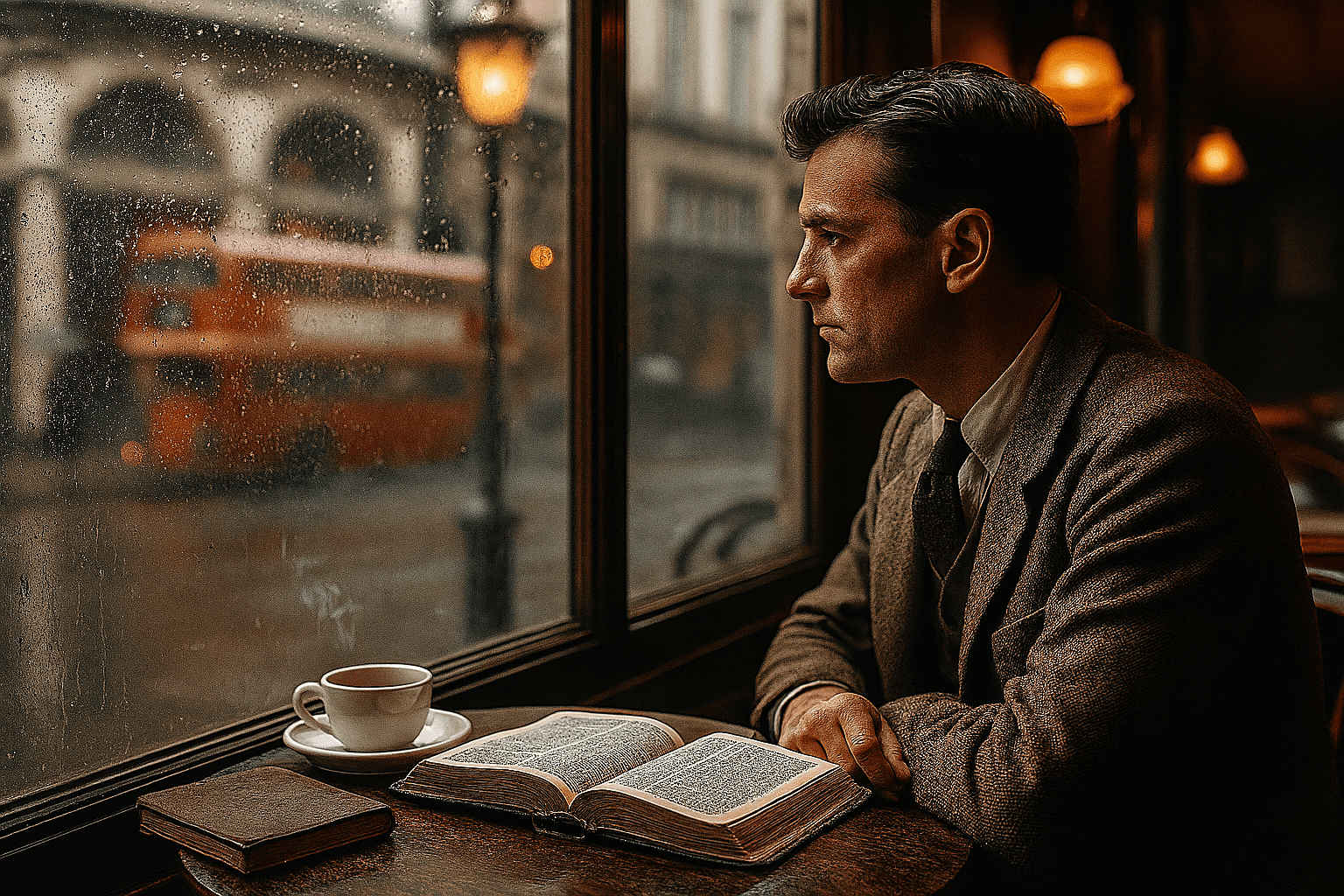 Man sitting at table in London Cafe on a rainy day with his bible, journal, and a cup of tea.
