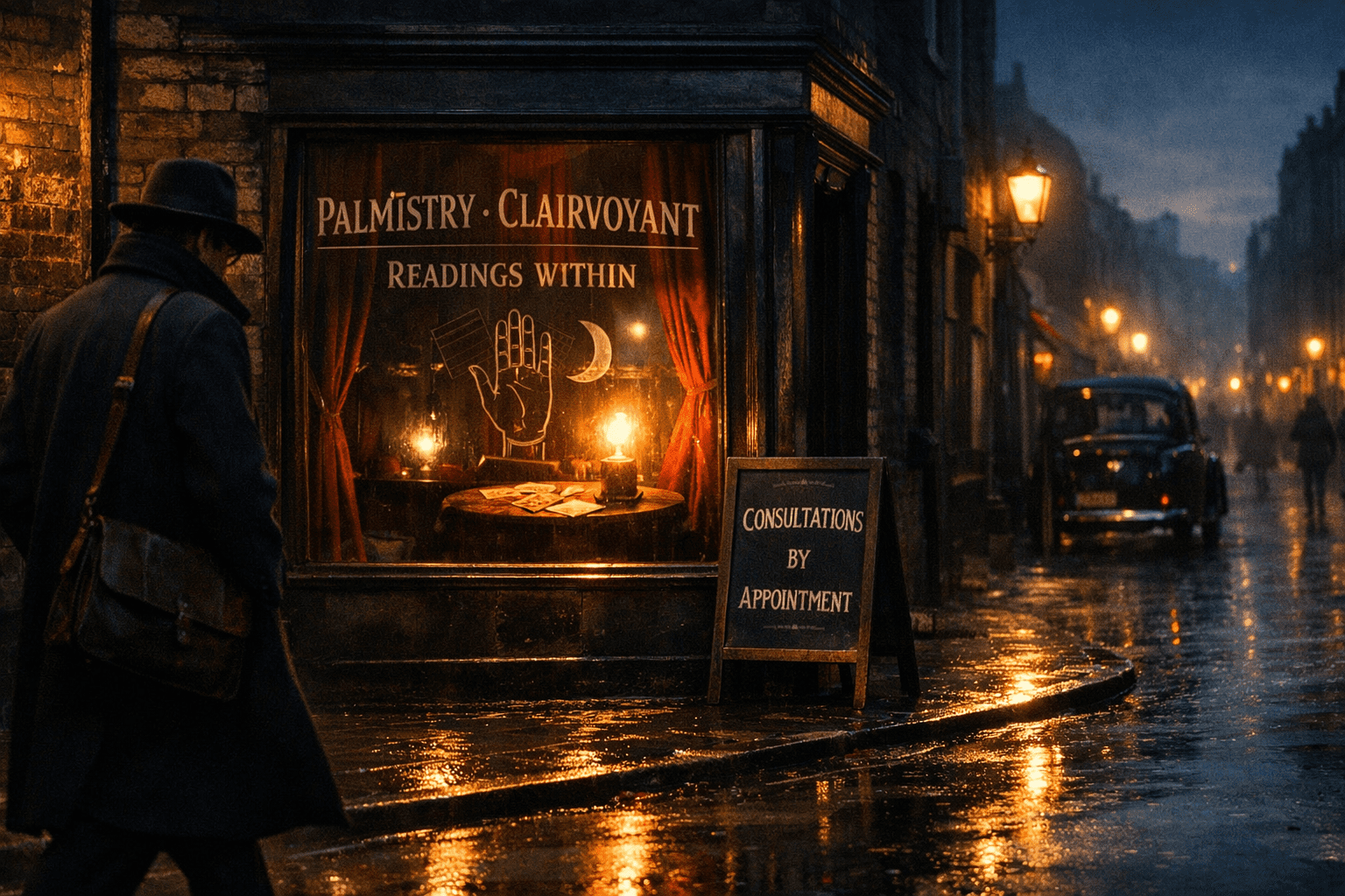 A man in an overcoat walks past a 1940s London palmistry shop on a wet evening street.