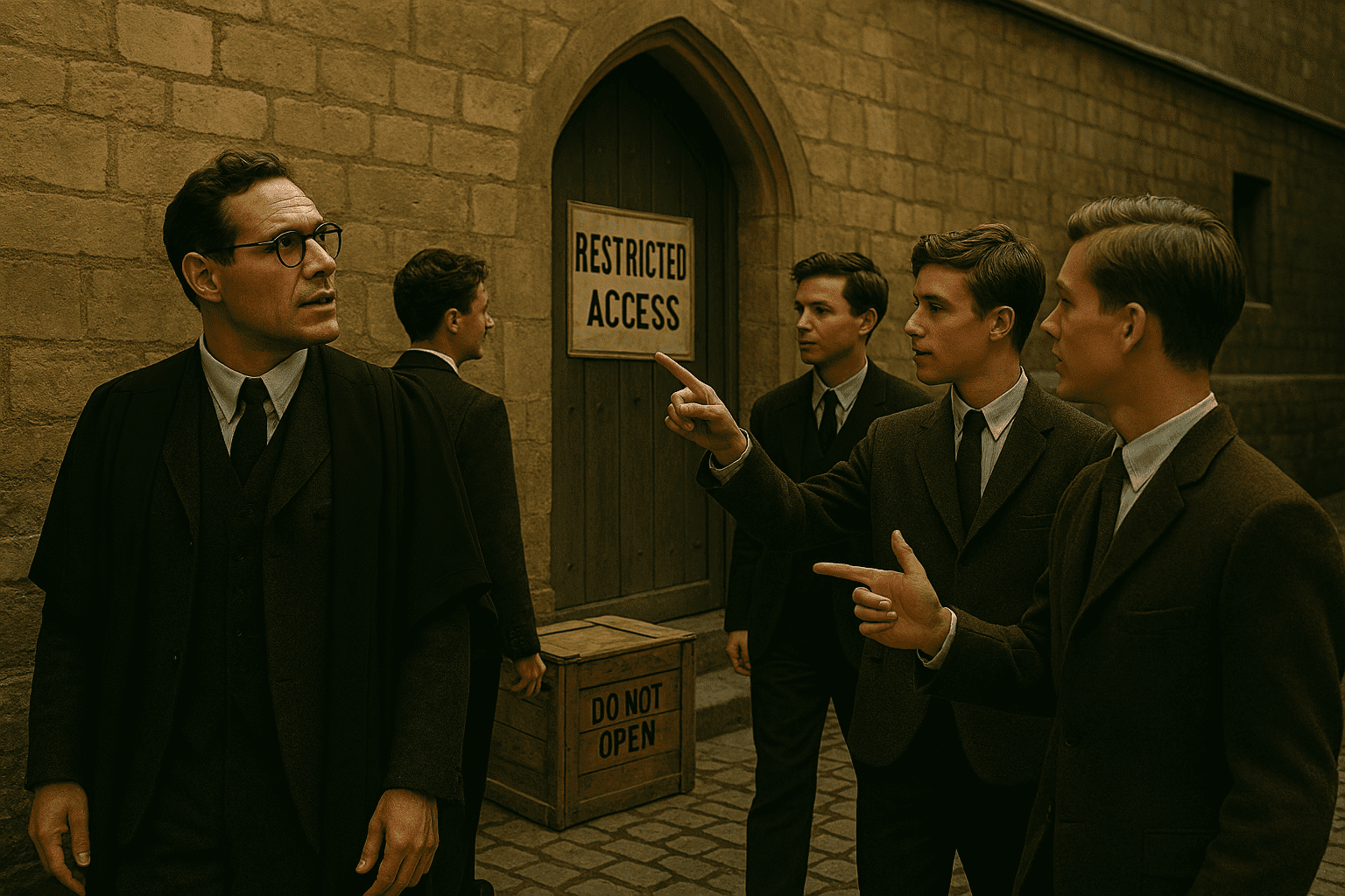 Teacher and students strolling past restricted access.