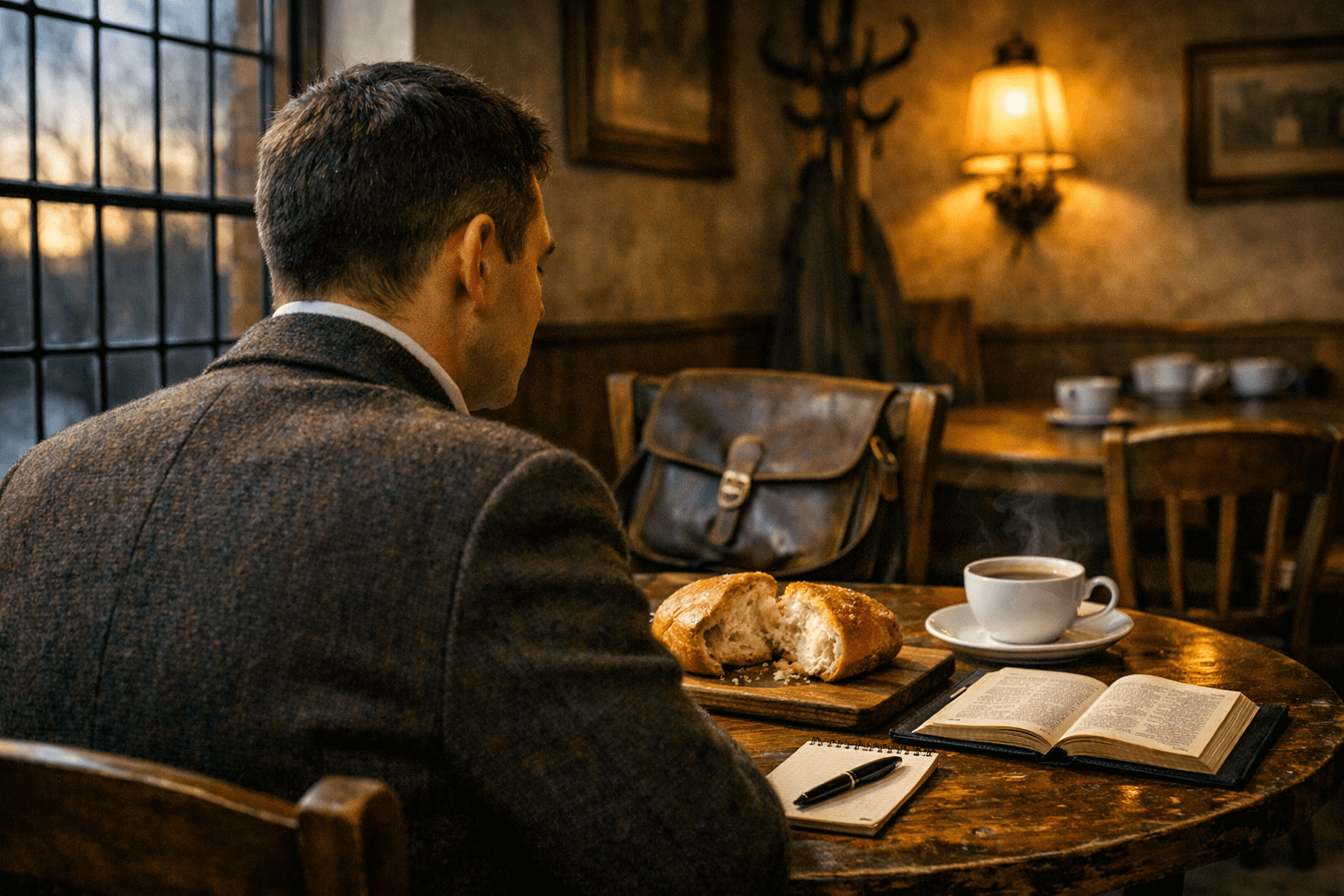 Oxford scholar in tweed jacket seated at a wooden table in a 1939 English tea room, with torn bread on a cutting board, open Bible, steaming teacup, and leather satchel on the chair beside him