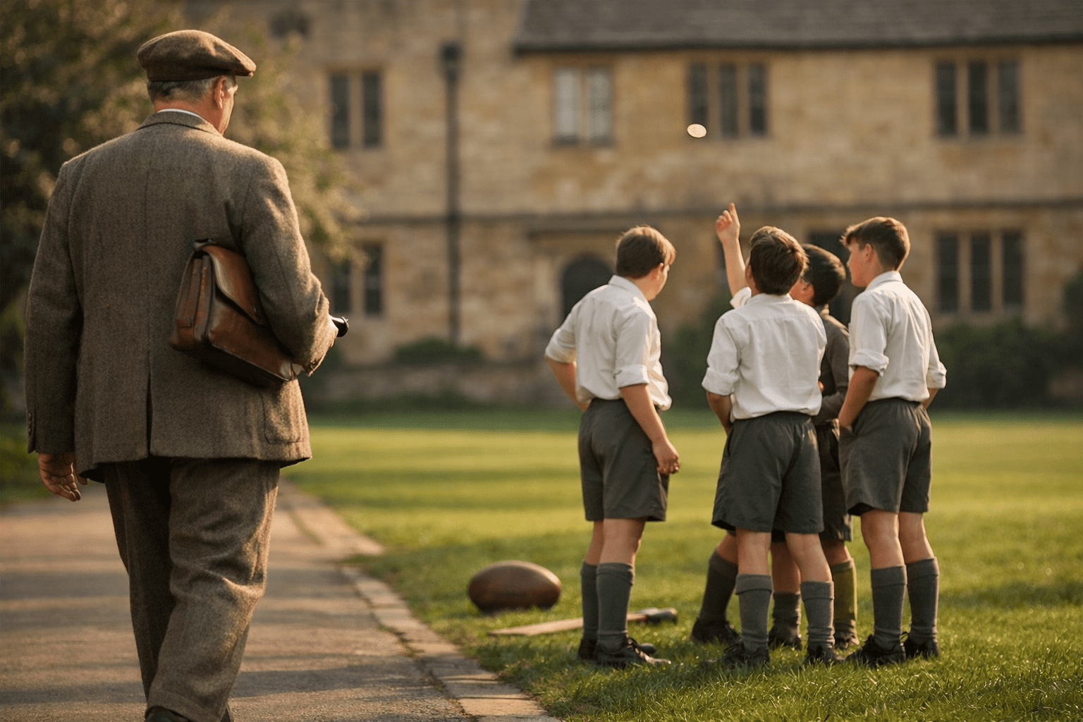Oxford professor in a 1949 tweed suit walks along a paved path beside a green as schoolboys flip a coin in the afternoon light, with honey‑stone college buildings in the background.