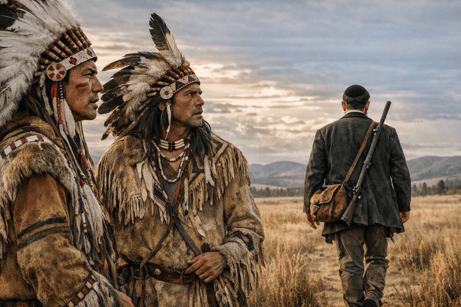 Two mid-19th century Native American men in feathered headdresses and animal skin garments stand in a golden prairie, watching a Jewish man walk away in western attire. The Native men wear traditional regalia with beadwork and fur, their expressions puzzled and contemplative. The Jewish man, seen from behind, wears a black yarmulke and a long coat, carrying a rifle and satchel as he walks toward distant hills under a cloudy sky. The scene evokes cultural tension, quiet observation, and historical distance.