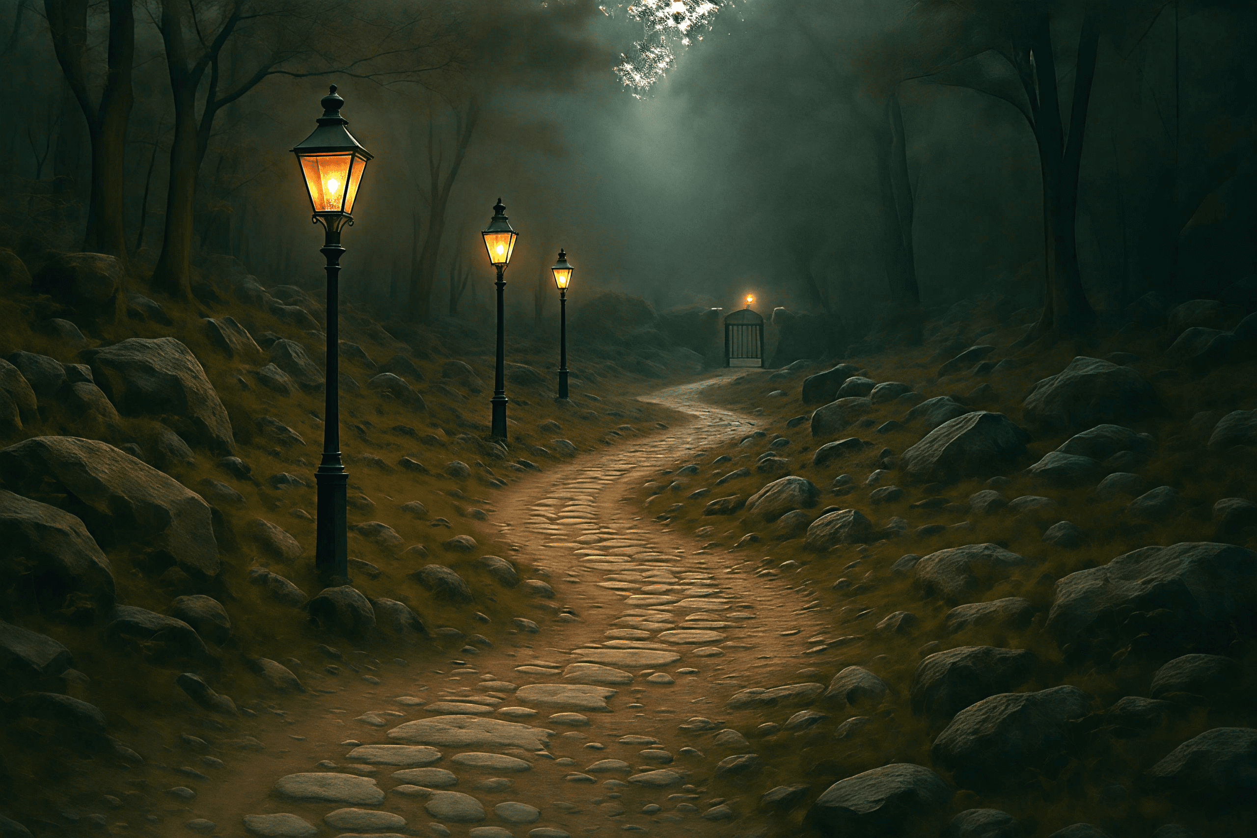 An image of a lighted and narrow path leading to a narrow gate.