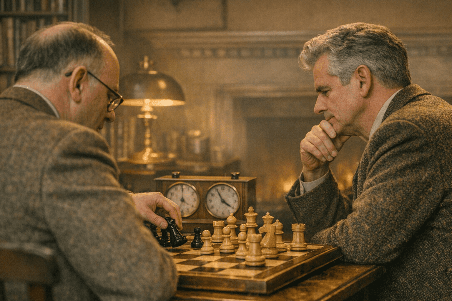 Two men in tweed jackets playing chess in a 1940s study, both seen in profile under warm lamplight, one moving a piece while the other watches thoughtfully beside a vintage chess clock.